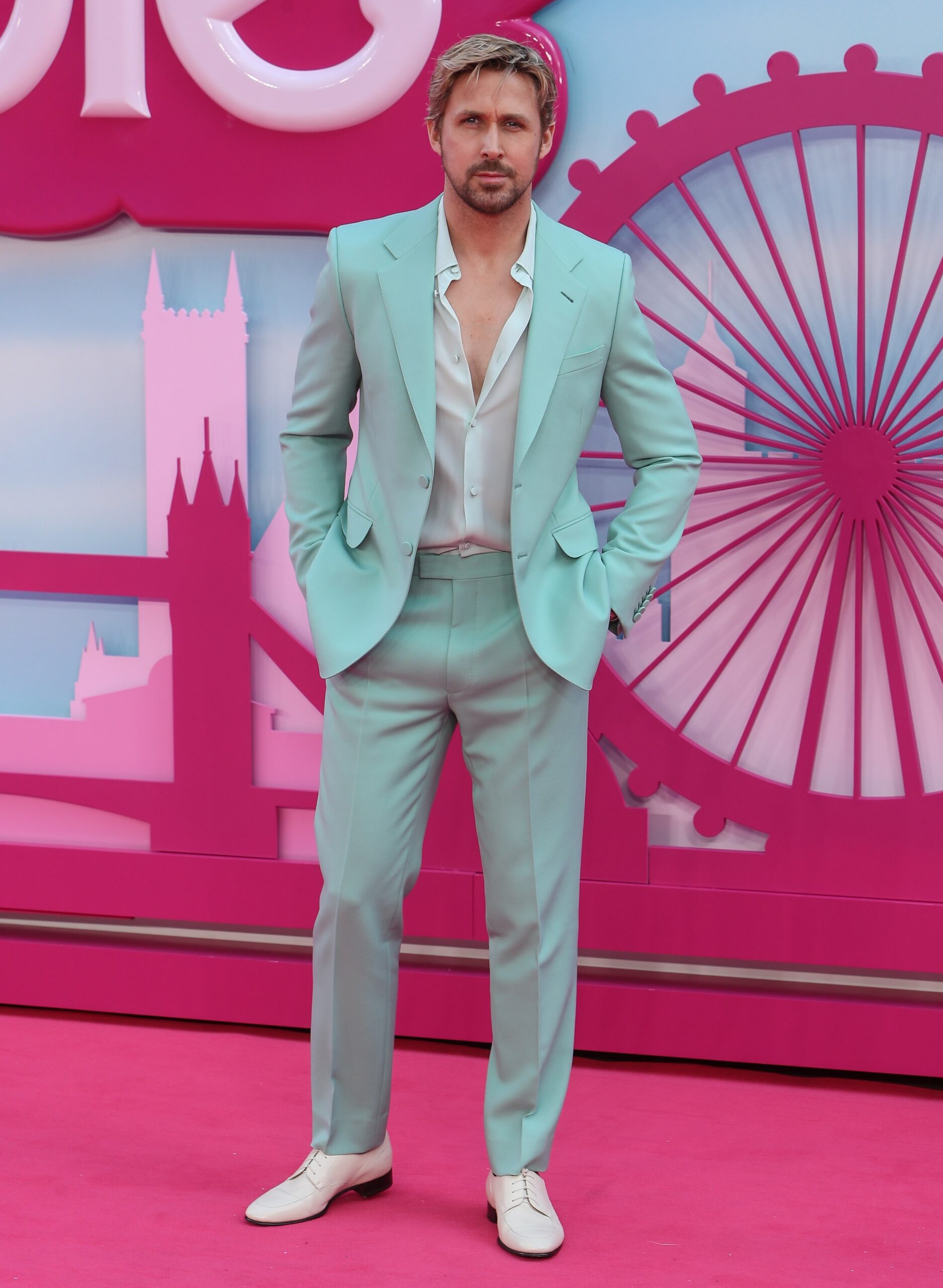 Ryan Gosling in blue suit at Barbie premiere