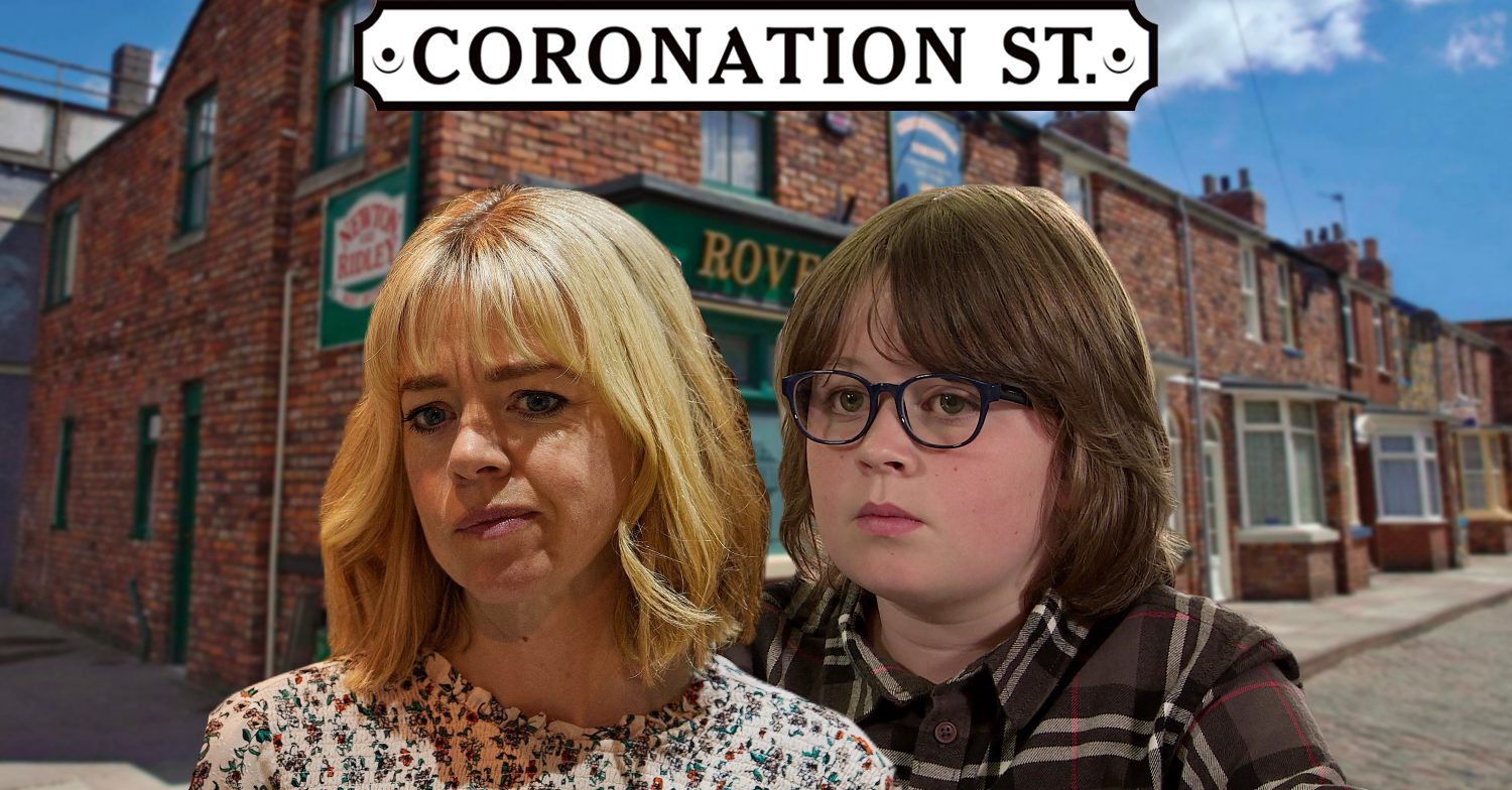 Coronation Street's Toyah, Sam, the Coronation Street logo and background of the Rovers
