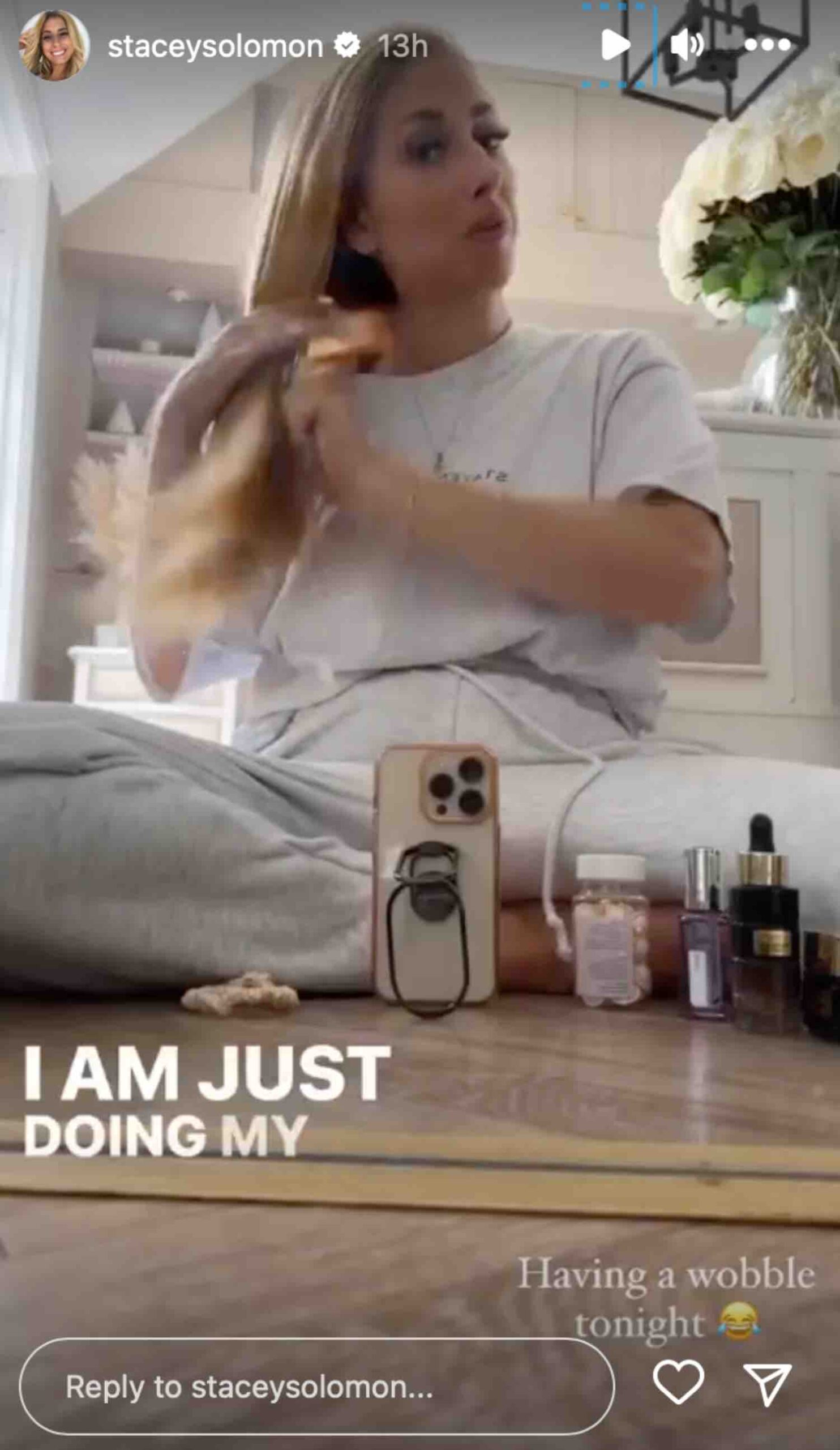 Stacey Solomon doing her hair on Instagram