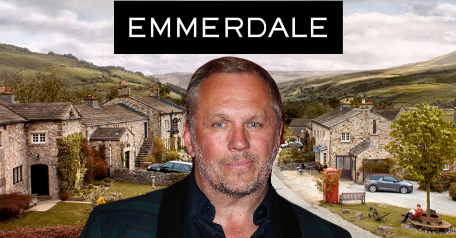 Emmerdale's Dean Andrews, the Emmerdale logo and background of the Dales
