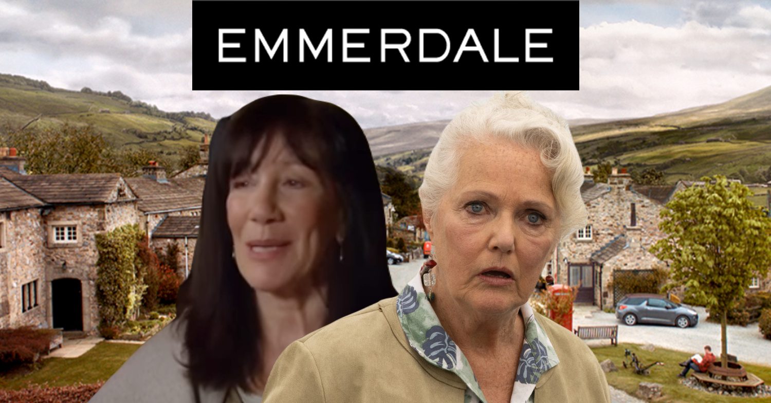 Emmerdale's Faye, Mary, the Emmerdale logo and background of the Dales