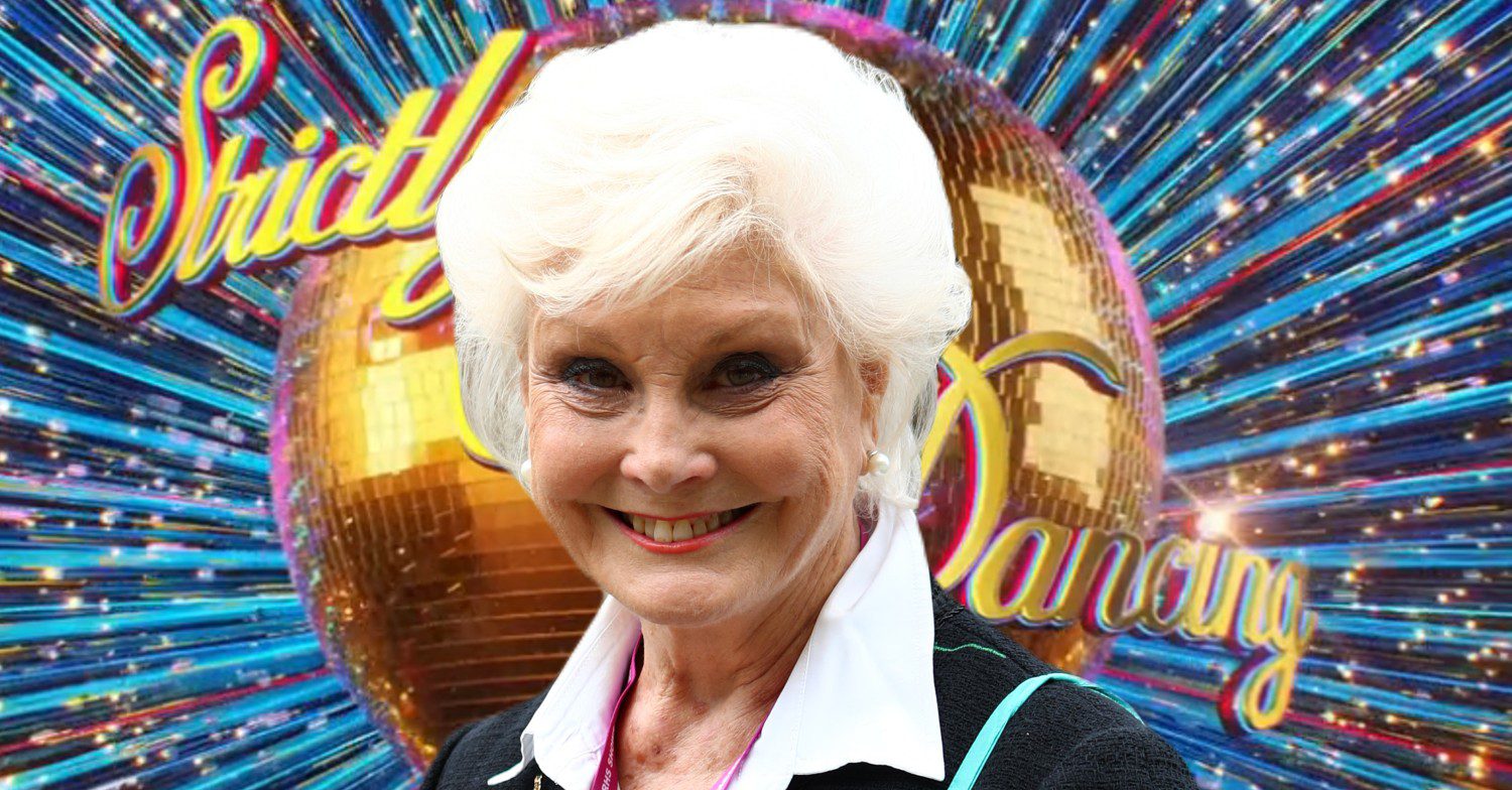 Angela Rippon in front of Strictly logo