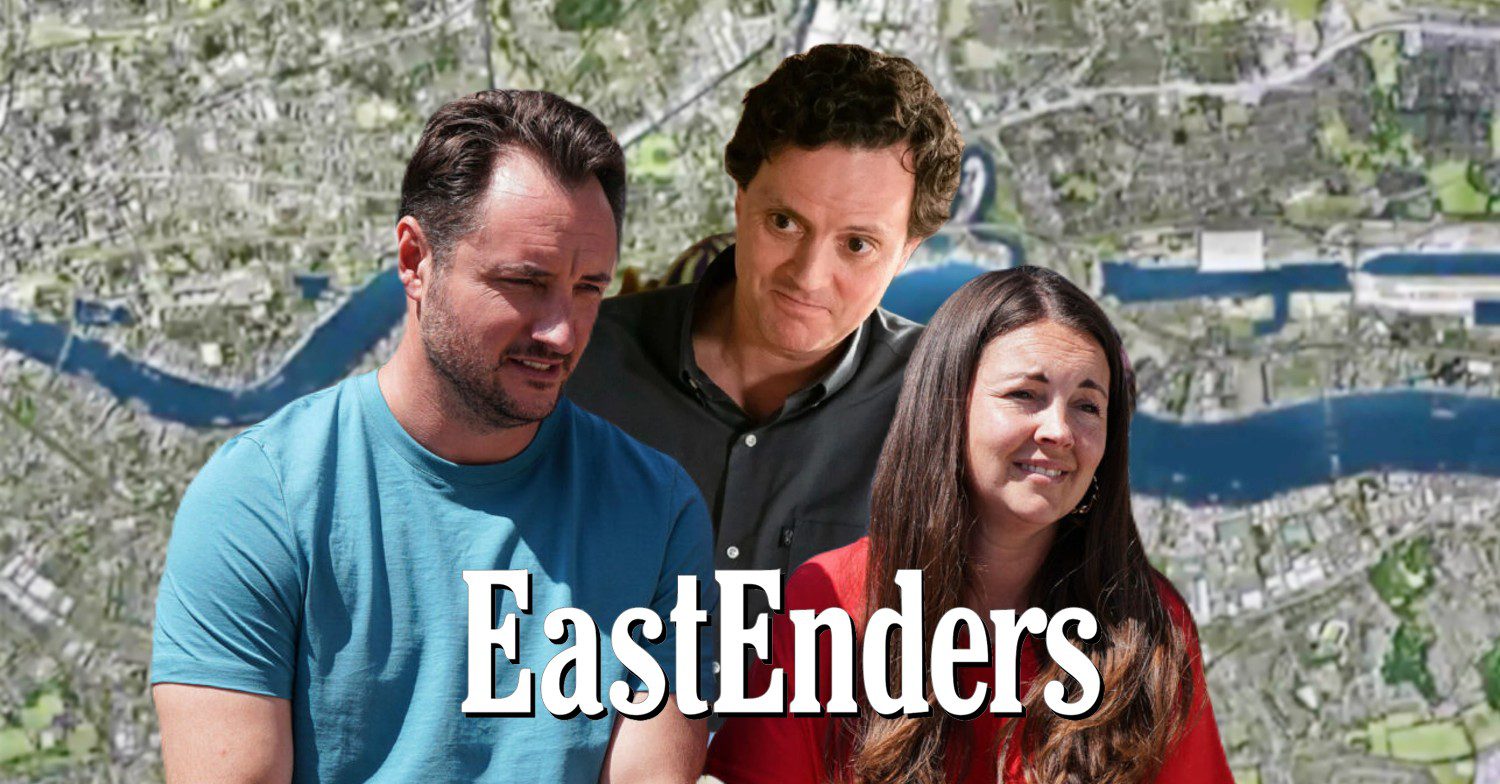 Martin and Stacey looking happy on EastEnders; in the background, Theo looking creepy (Credit: BBC/Composite: ED!)