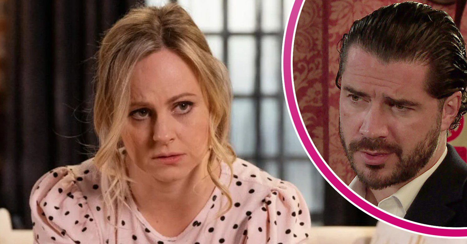 Sarah looks worried on Coronation Street; inset, Adam looking determined (Credit: ITV/Composite: ED!)