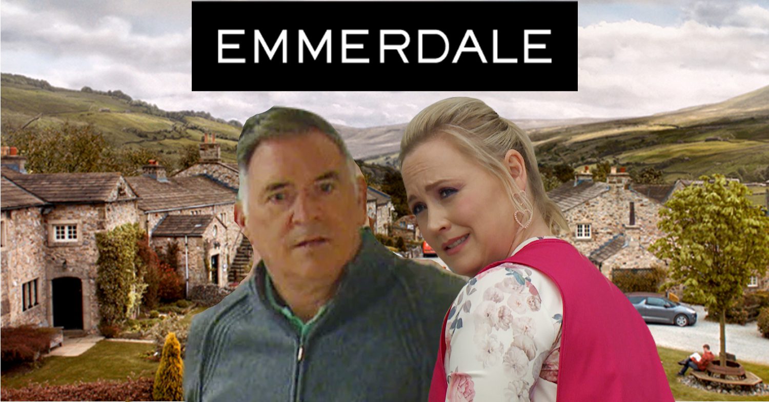Emmerdale's Bob, Tracy, the Emmerdale logo and background of the Dales