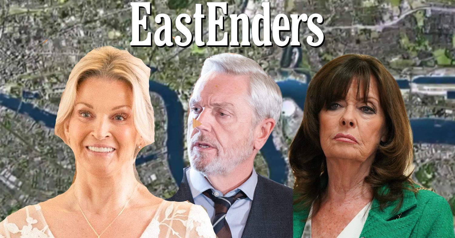 EastEnders' Kathy, Rocky, Jo, the EastEnders logo and background of the Thames