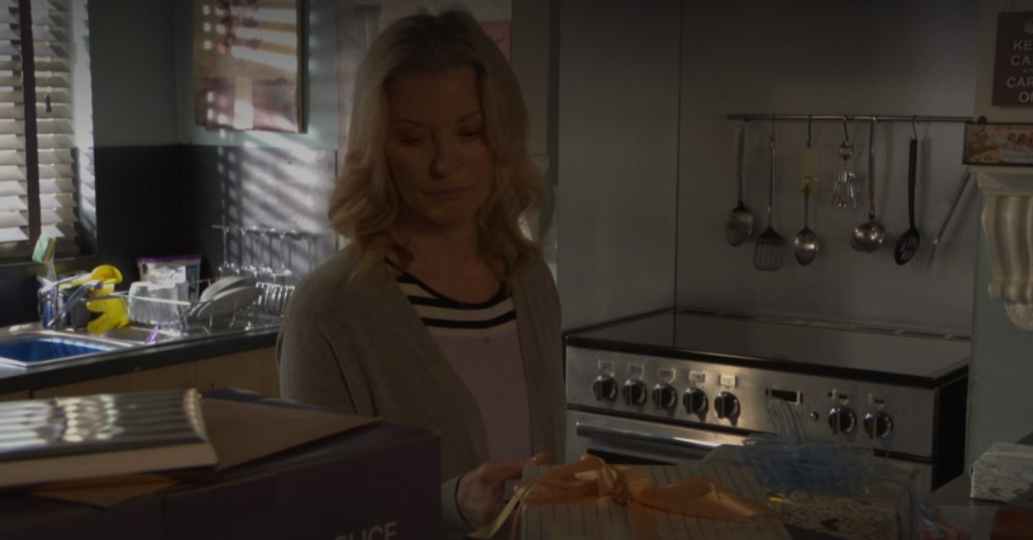 EastEnders' Kathy is surrounded by gifts in her kitchen