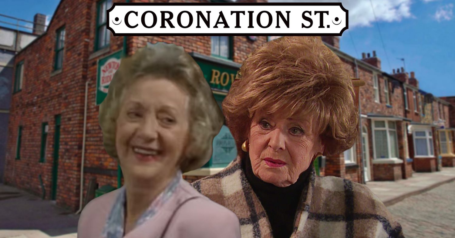 Coronation Street's Mavis, Rita, the Coronation Street logo and background of the Rovers