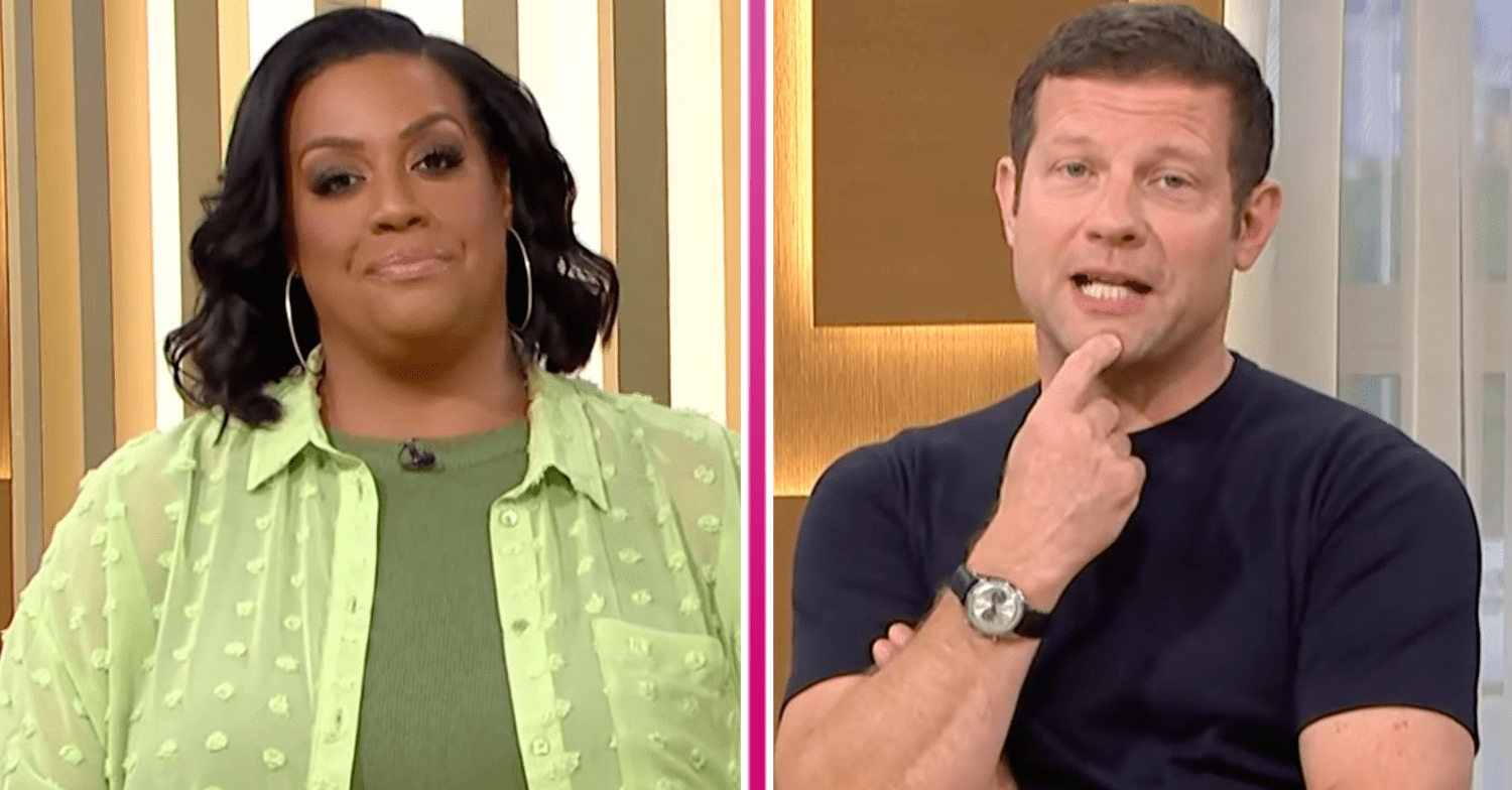 Alison Hammond in green and Dermot O'Leary next to her presenting This Morning