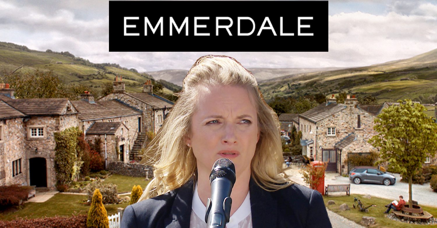 Emmerdale's Nicola, the Emmerdale logo and background of the Dales