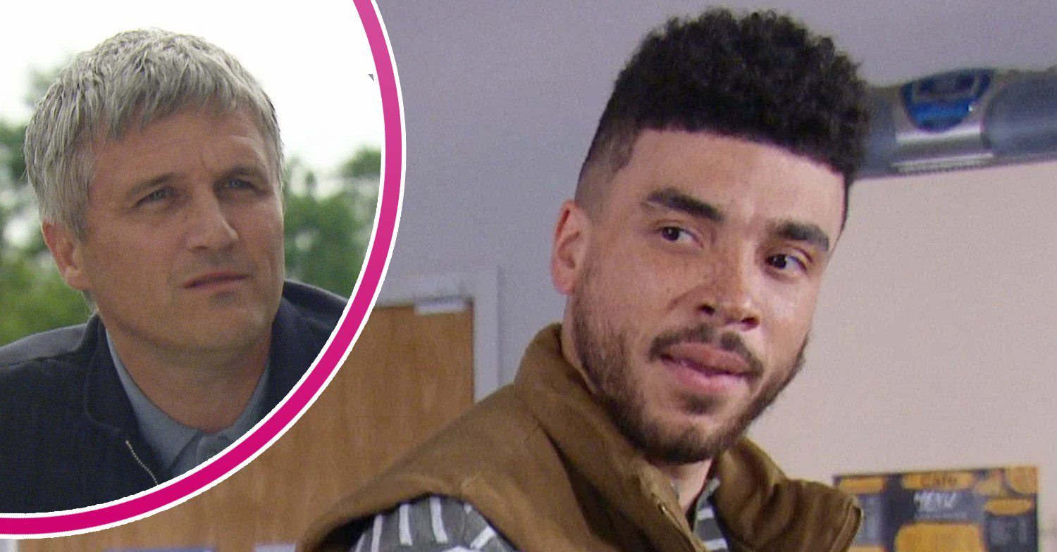 Nate looks angry on Emmerdale; inset, Caleb looking worried (Credit: ITV/Composite: ED!)