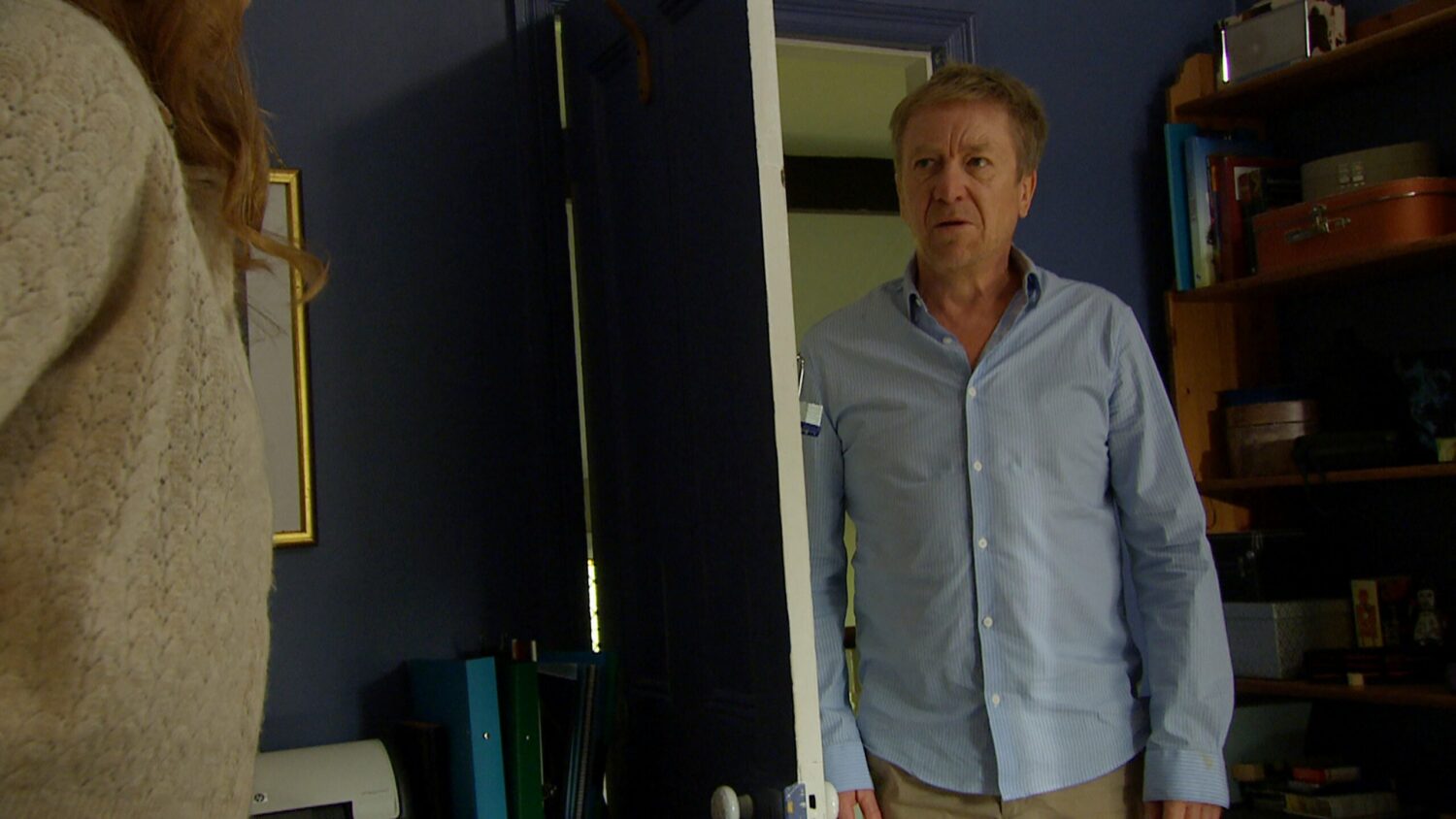 Dishevelled Colin in Emmerdale looks at Laurel in a sinister way