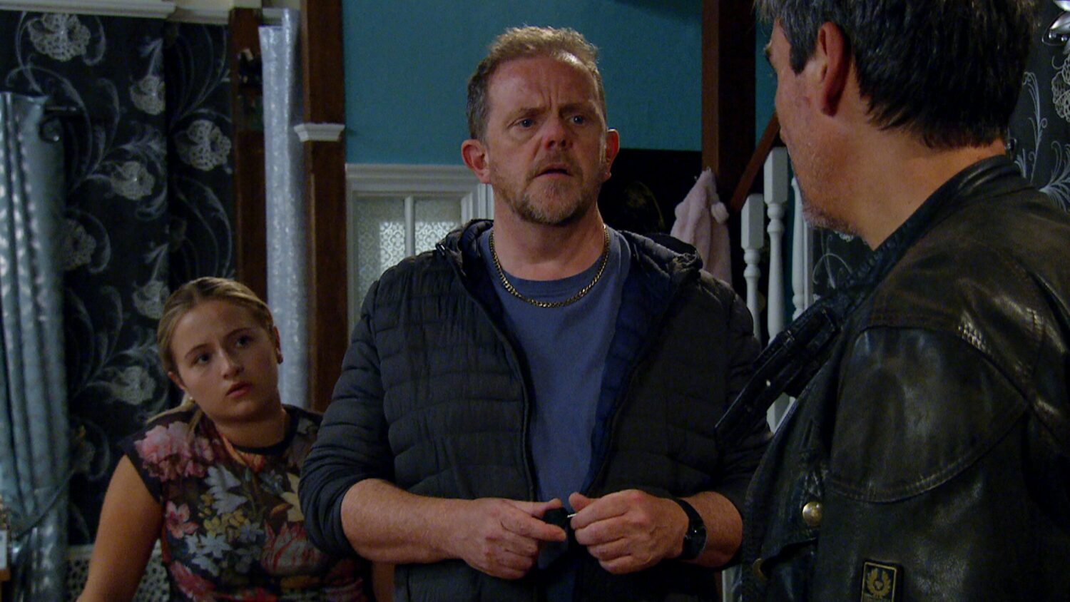 Amelia and Dan in Emmerdale look anxiously at Cain