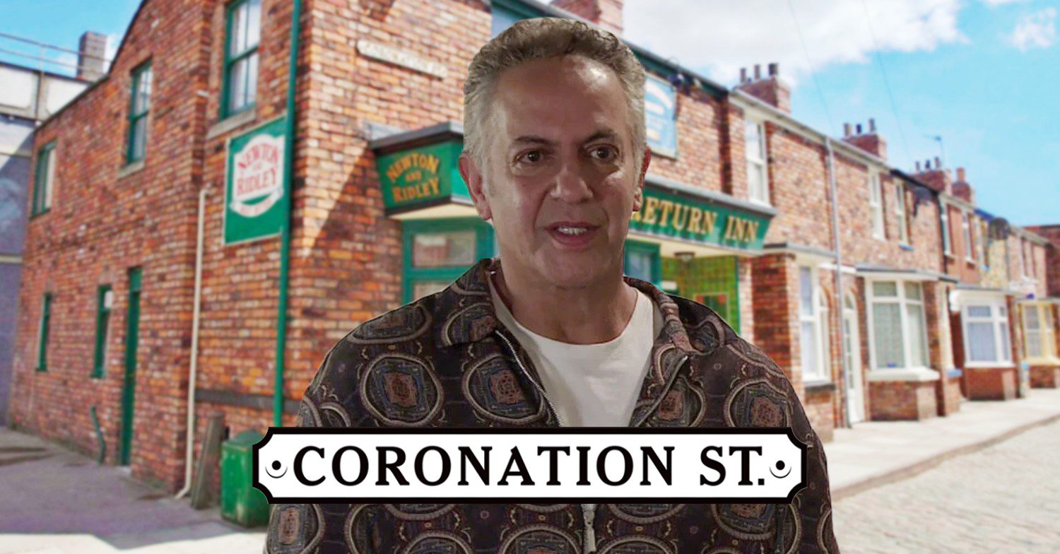 Dev looks surprised on Coronation Street; inset, show logo and background (Credit: ITV/ED!)