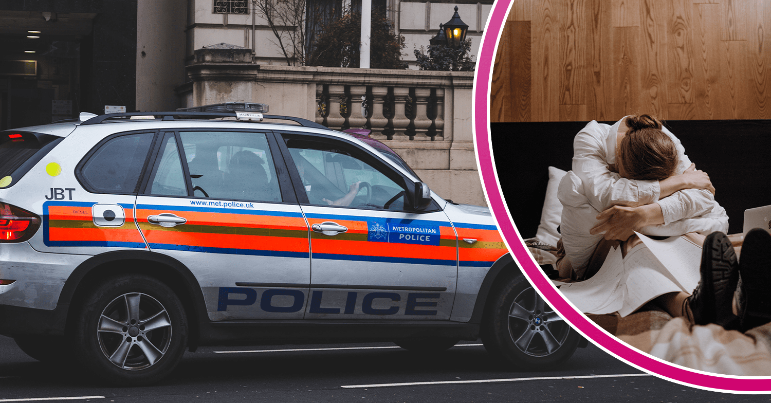 A police car in the road and a woman looking distressed