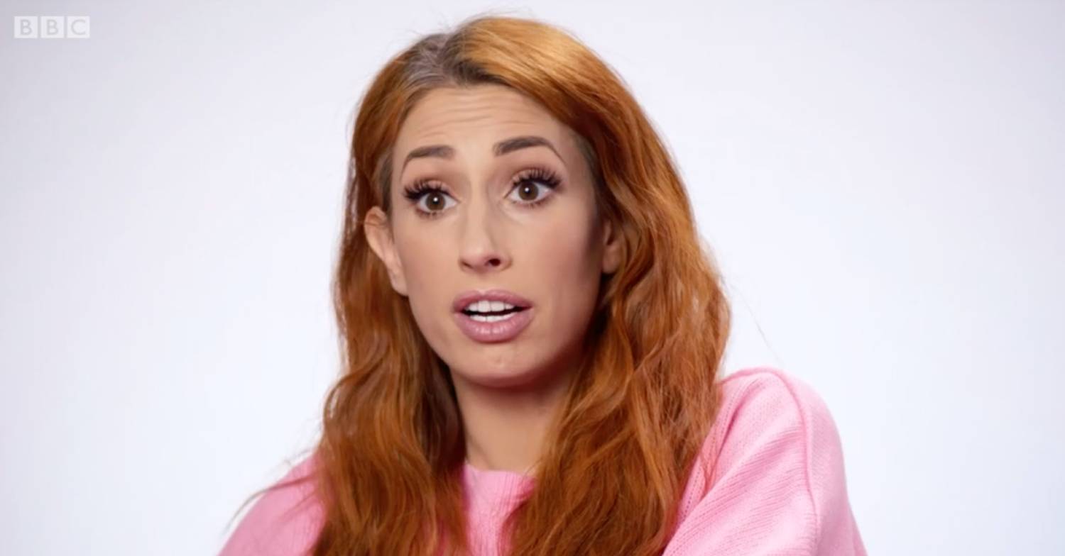 Stacey Solomon looks alarmed as she speaks to camera