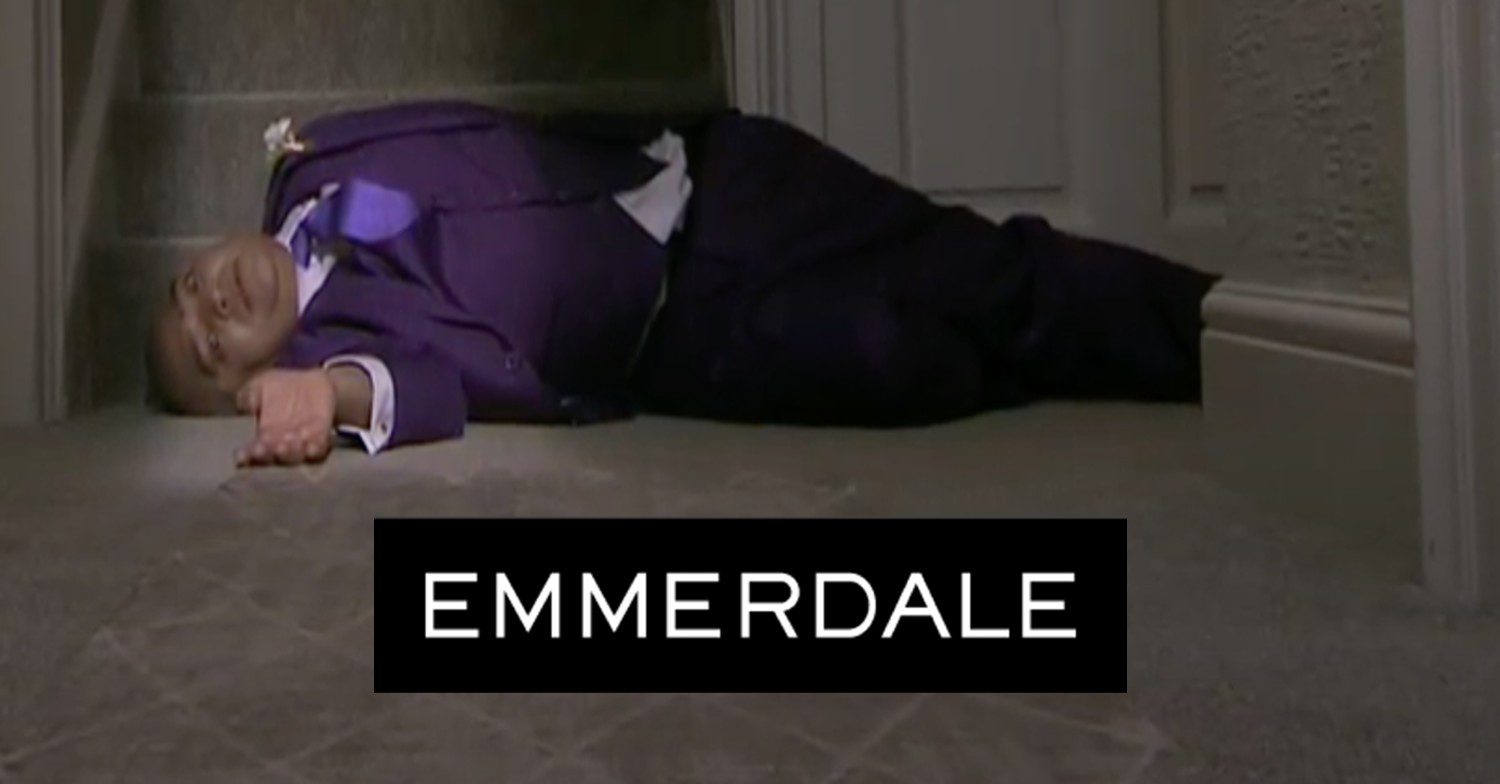 Emmerdale's Rishi lies dead at the bottom of the stairs with show logo comp image