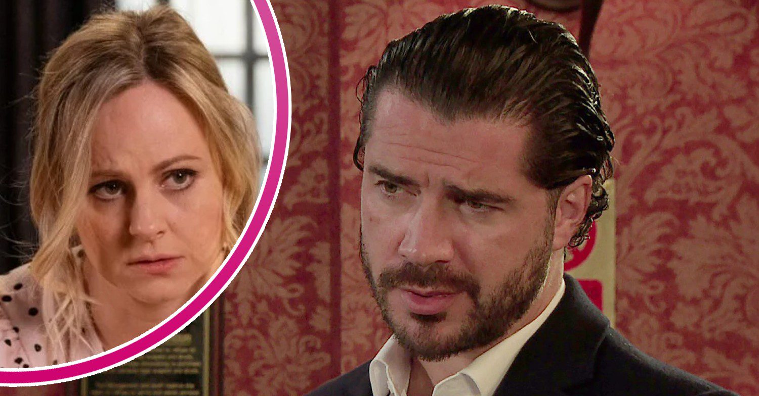 Adam looks serious on Coronation Street; inset, Sarah looking worried (Credit: ITV/Composite: ED!)