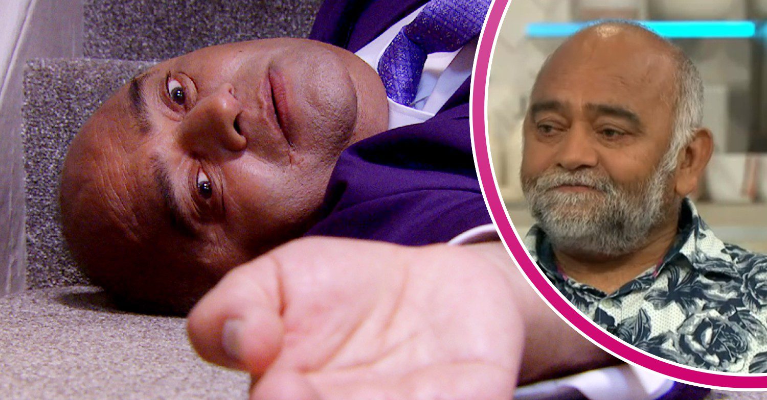 Emmerdale comp image: Rishi lies dead and actor Bhasker Patel in a bubble