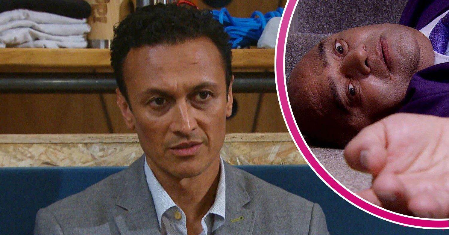 Jai looking angry on Emmerdale; inset, Rishi is dead (Credit: ITV/Composite: ED!)