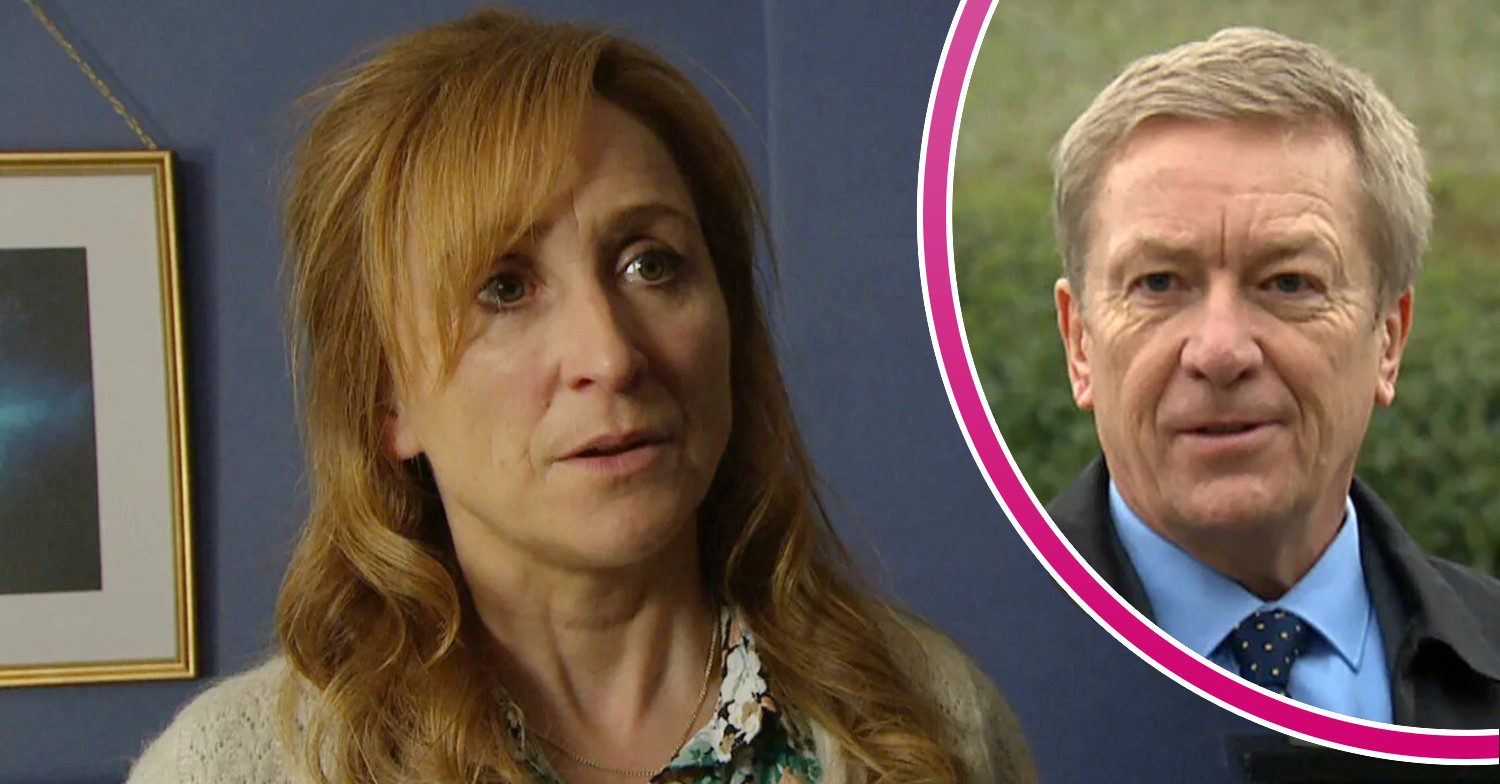 Laurel looks scared on Emmerdale; inset, Colin looking smug (Credit: ITV/Composite: ED!)