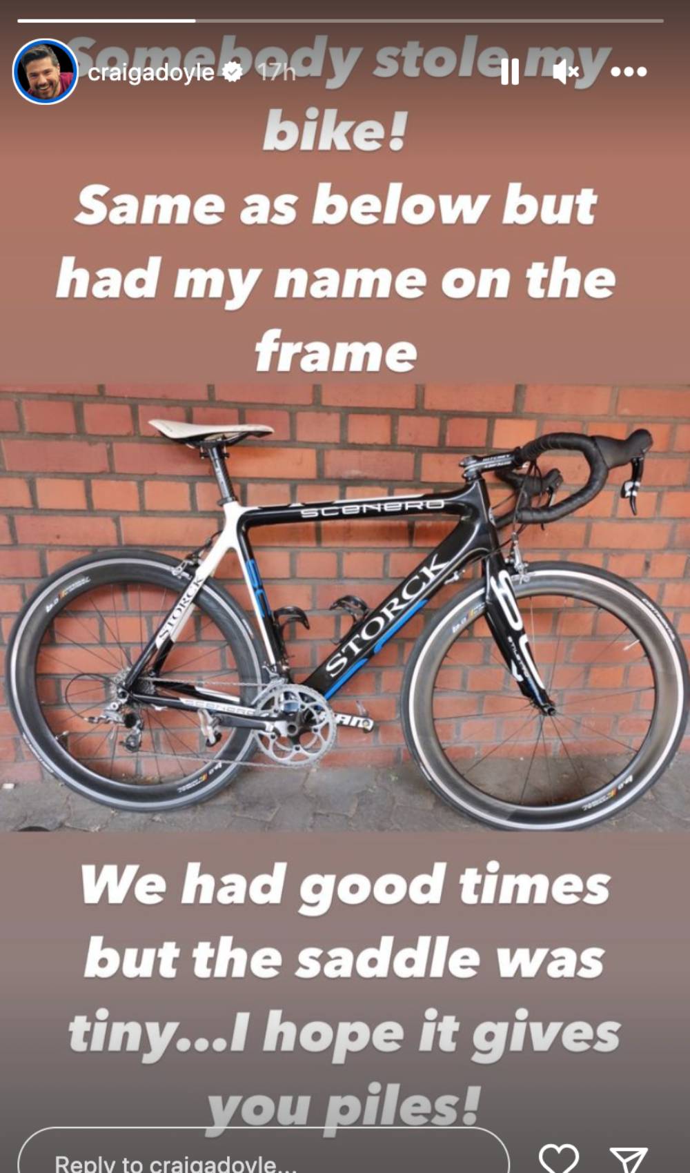 Craig Doyle shares his bike news on Instagram