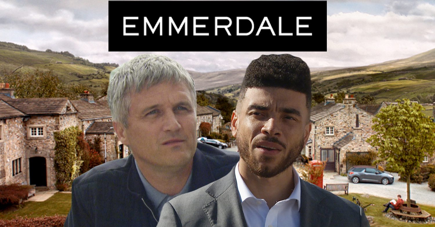 Emmerdale's Caleb, Nate, the Emmerdale logo and background of the Dales