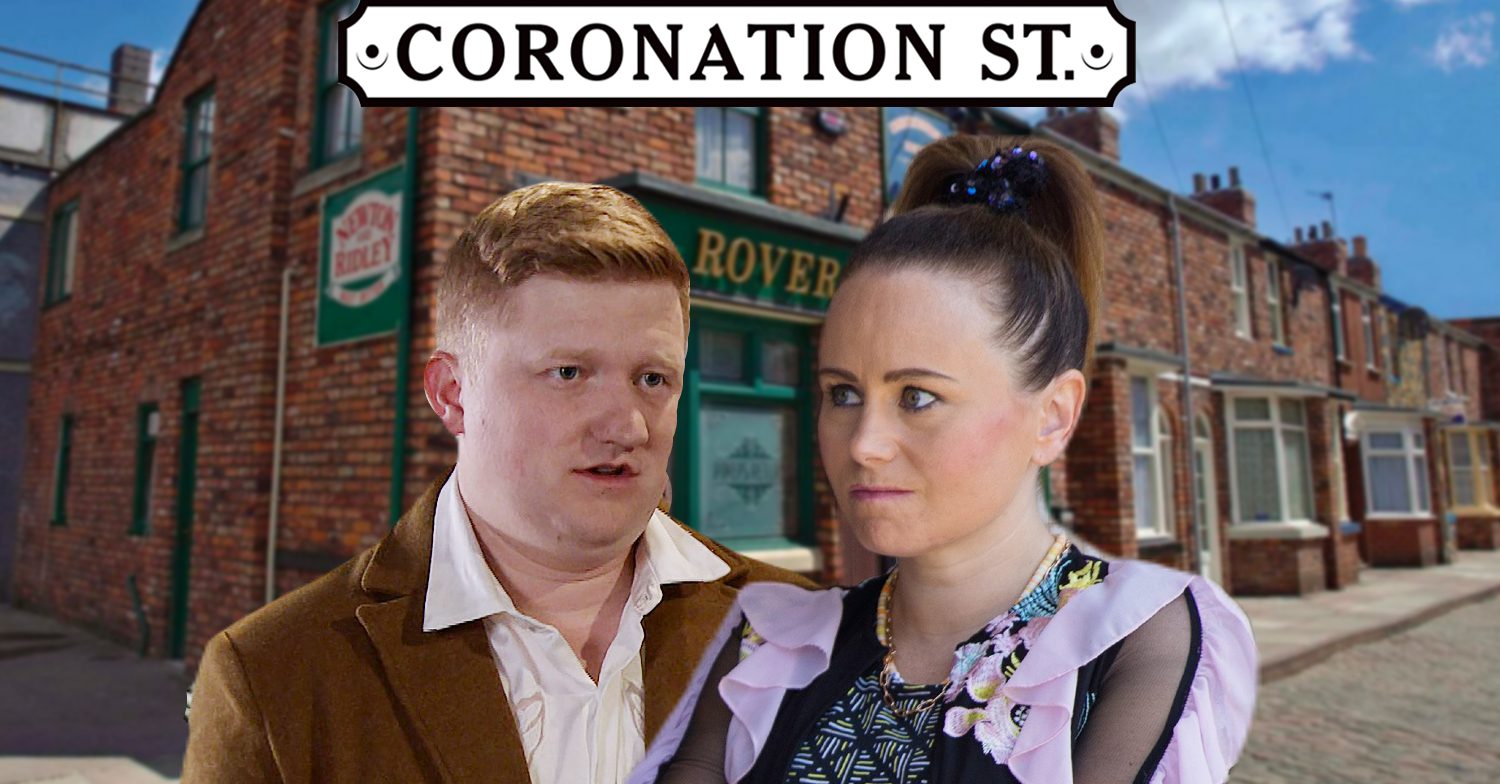 Coronation Street's Chesney, Gemma, the Coronation Street logo and background of the Rovers