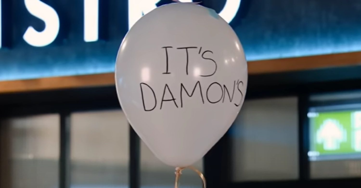 A white balloon in Coronation Street with 'It's Damon's' written on it
