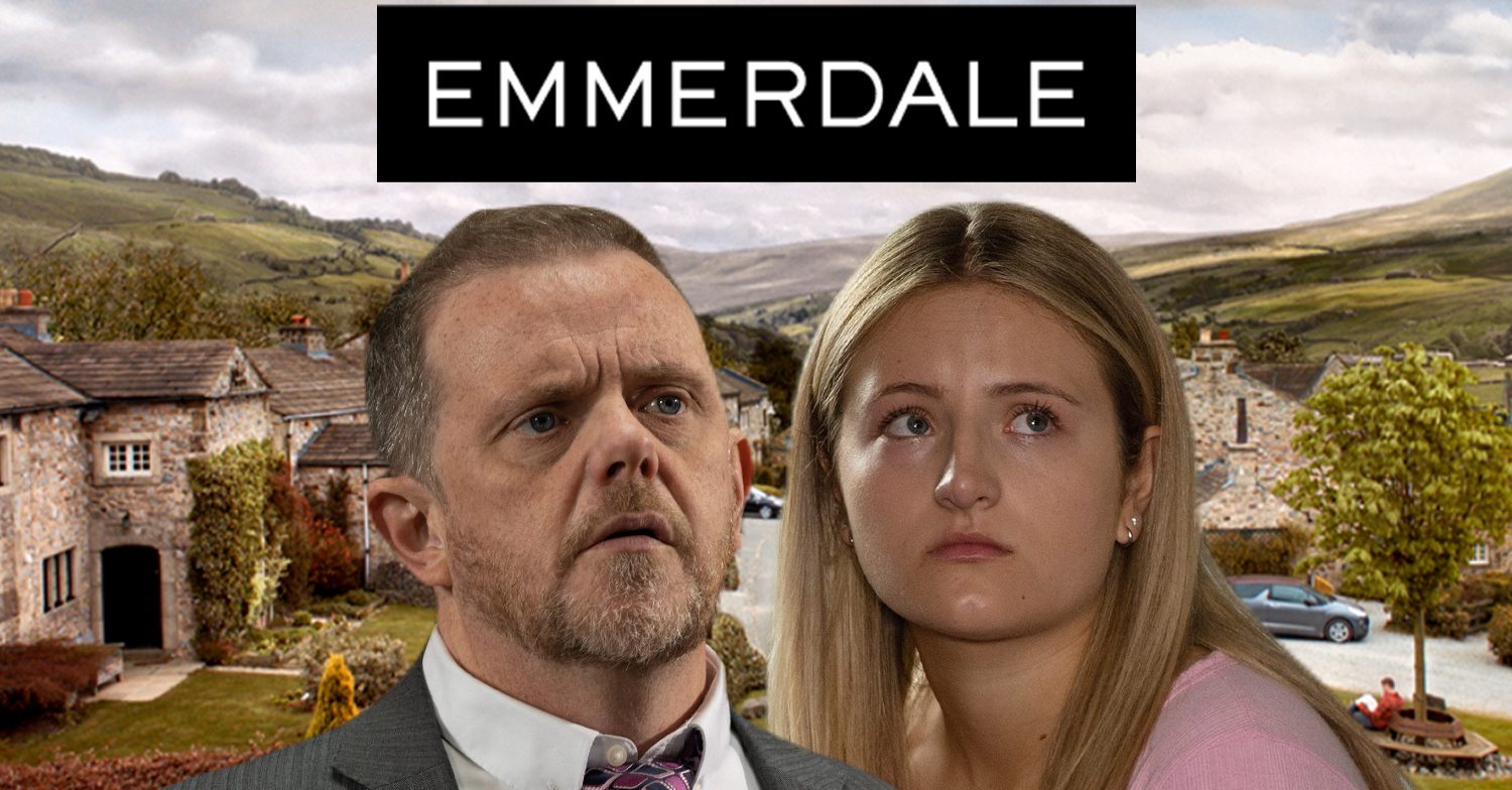 Emmerdale's Dan, Amelia, the Emmerdale logo and background of the Dales