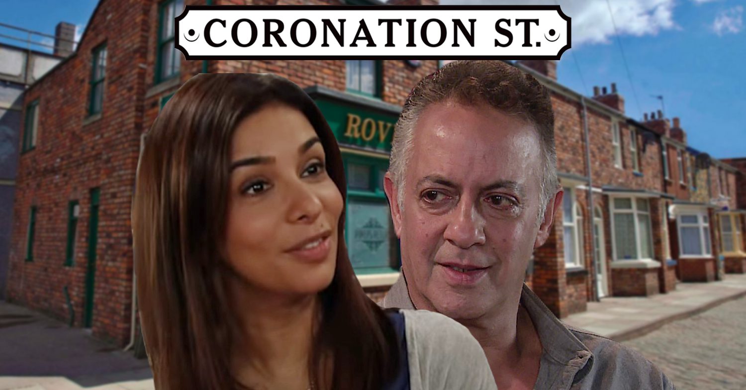 Coronation Street's Sunita, Dev, the Coronation Street logo and background of the Rovers