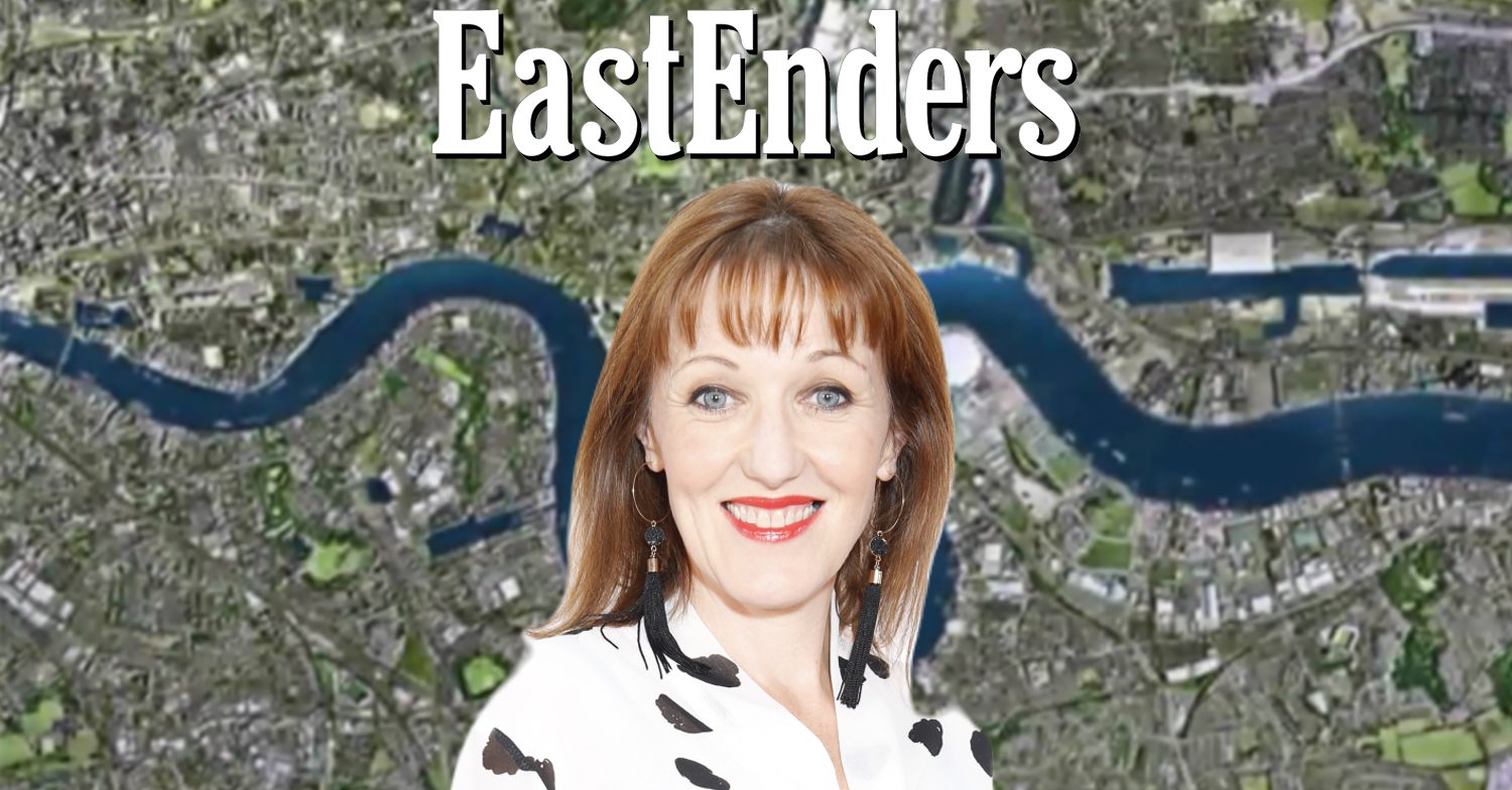 EastEnders' Kacey Ainsworth, the EastEnders logo and the background of the Thames