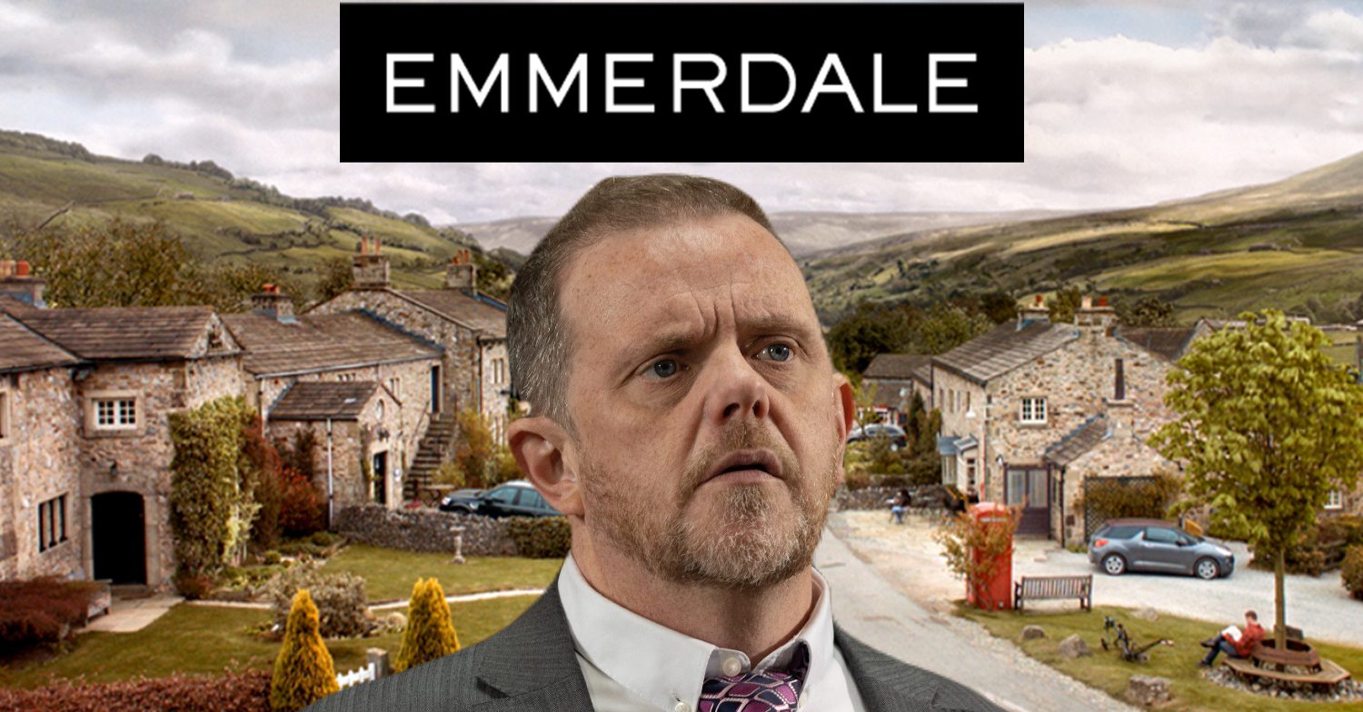 Emmerdale's Dan, the Emmerdale logo and background of the Dales