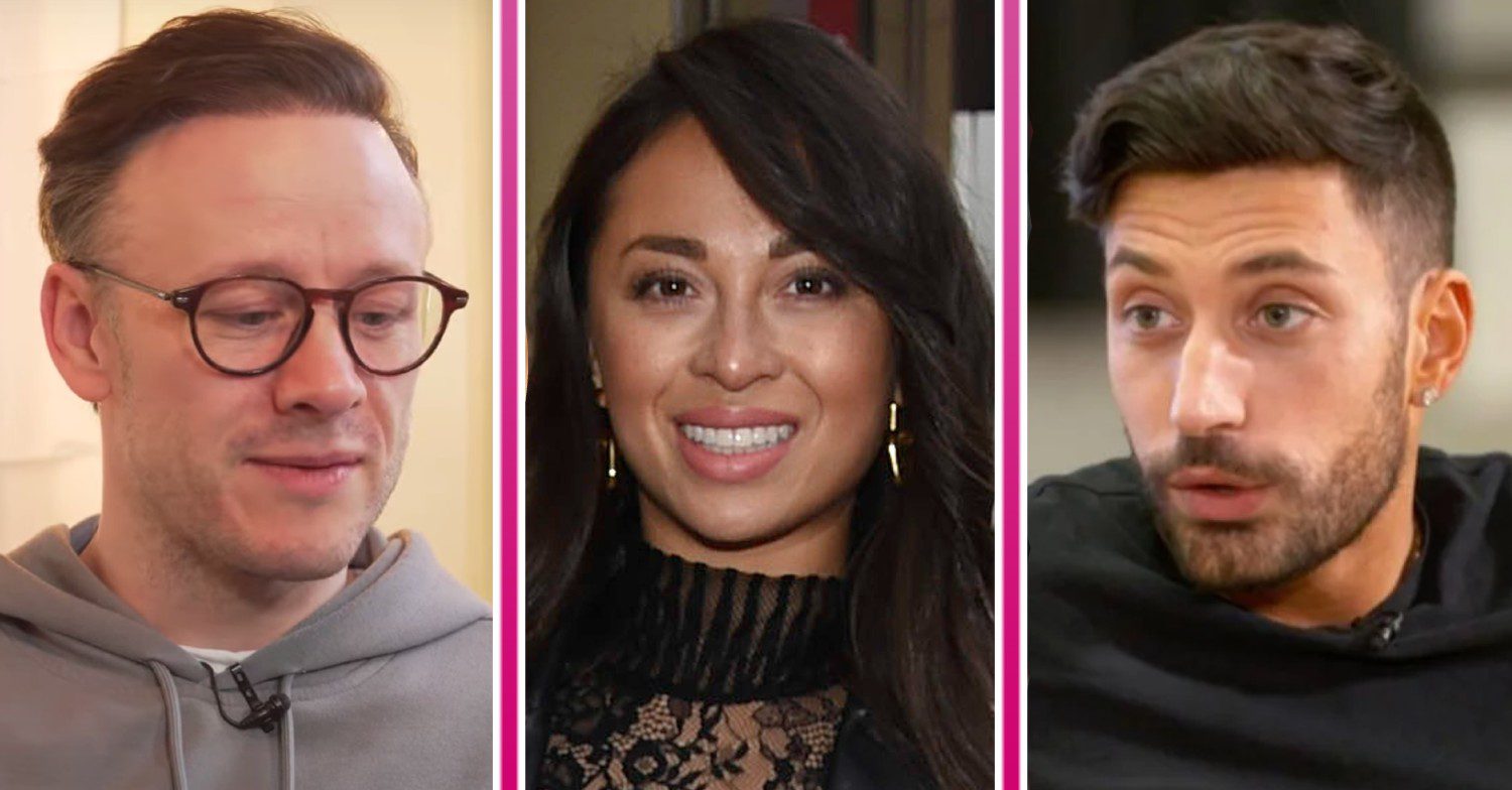 Kevin Clifton looks down, Katya Jones smiles, Giovanni Pernice looks surprised