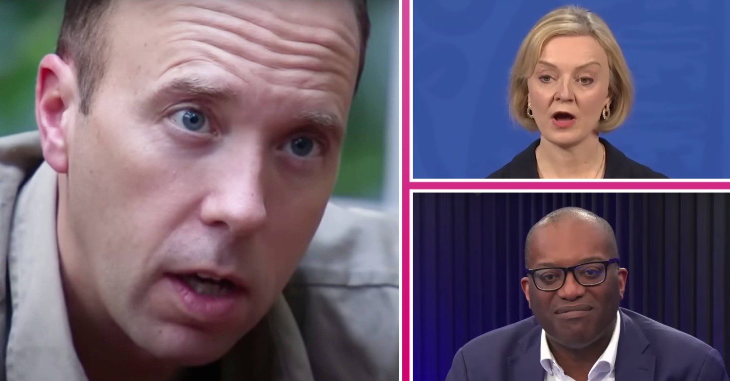 Matt Hancock is open-mouthed, Liz Truss speaks, Kwasi Kwarteng grimaces