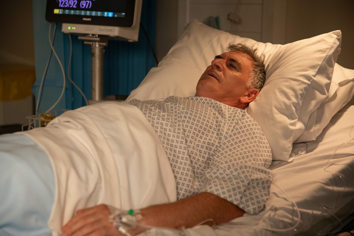 Bob lying in the hospital bed on Emmerdale