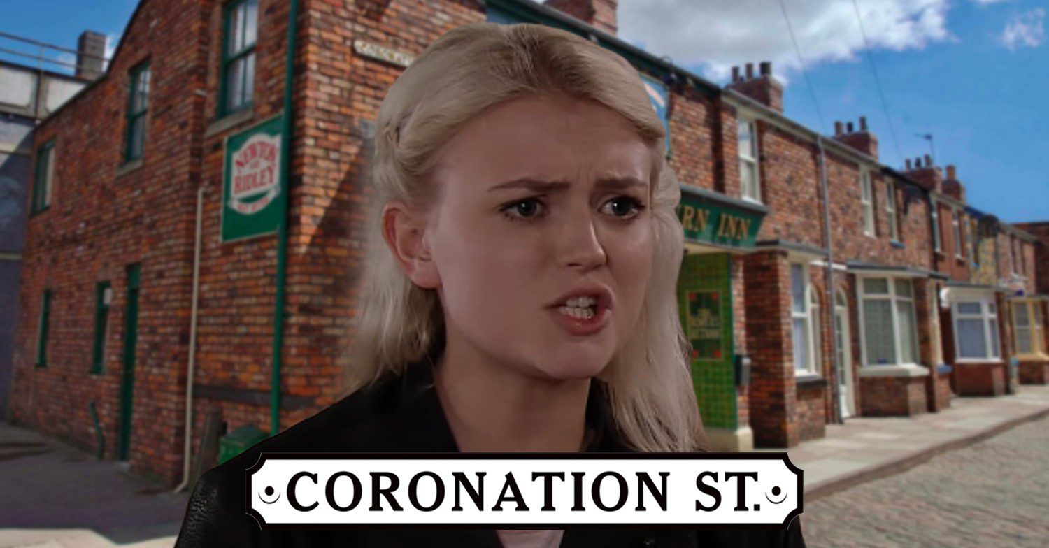 Bethany in front of Rovers Return in Coronation Street