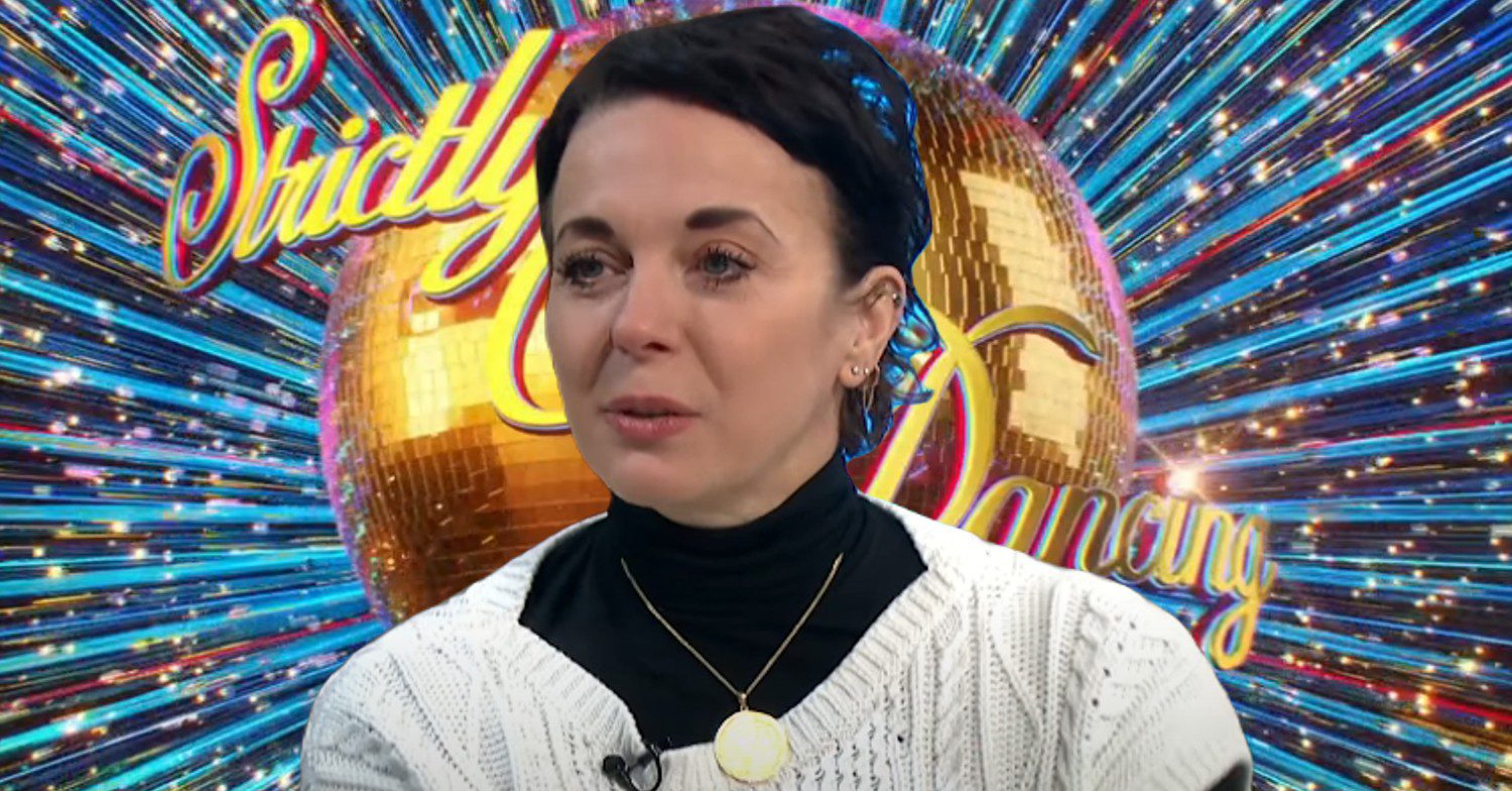 Amanda Abbington in front of Strictly logo