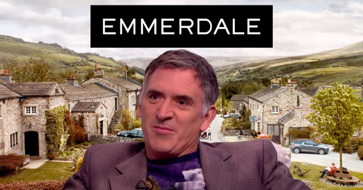 Tony Audenshaw in interview, background Emmerdale village and logo (Credit: ITV/YouTube/Composite: ED!)