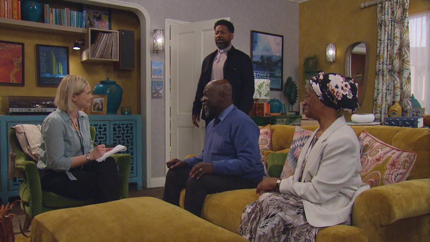 Emmerdale's Charles, Victor and Claudette are speaking to the Probation Officer at home