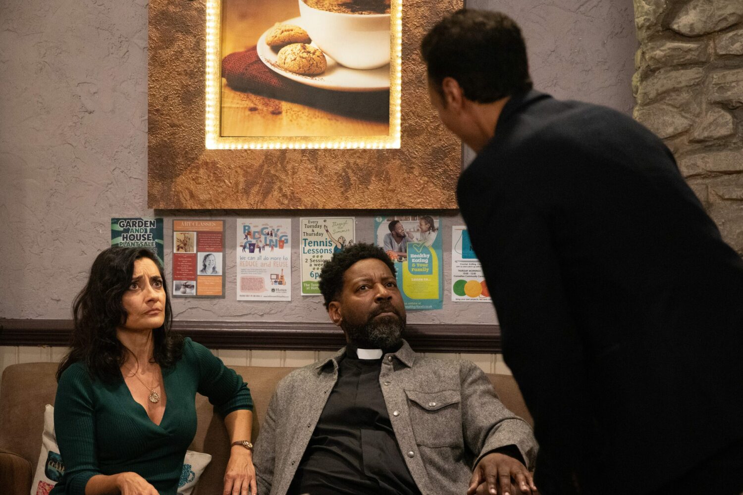 Manpreet in Emmerdale looks confused as Jai lays into her and Charles is shocked