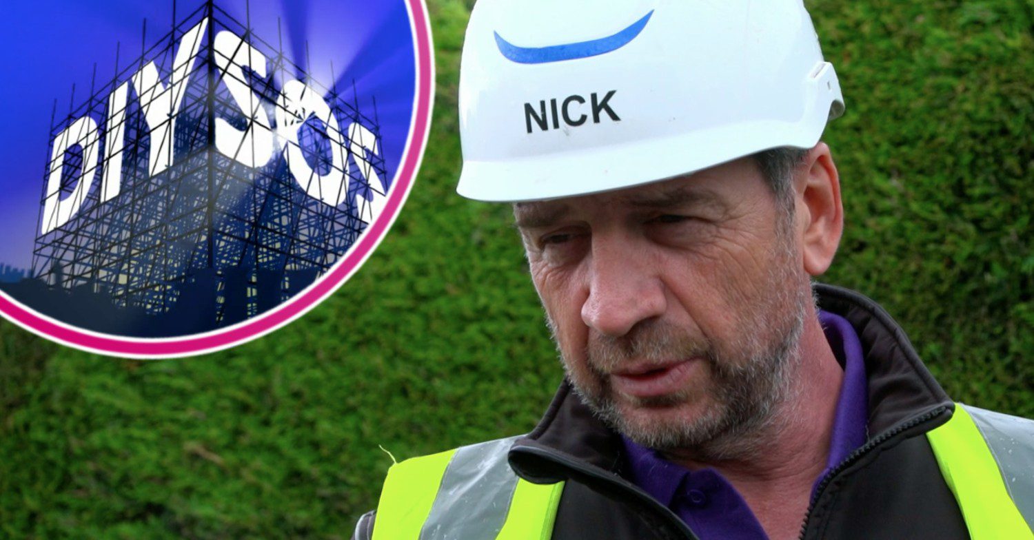 DIY SOS logo with Nick Knowles looking serious