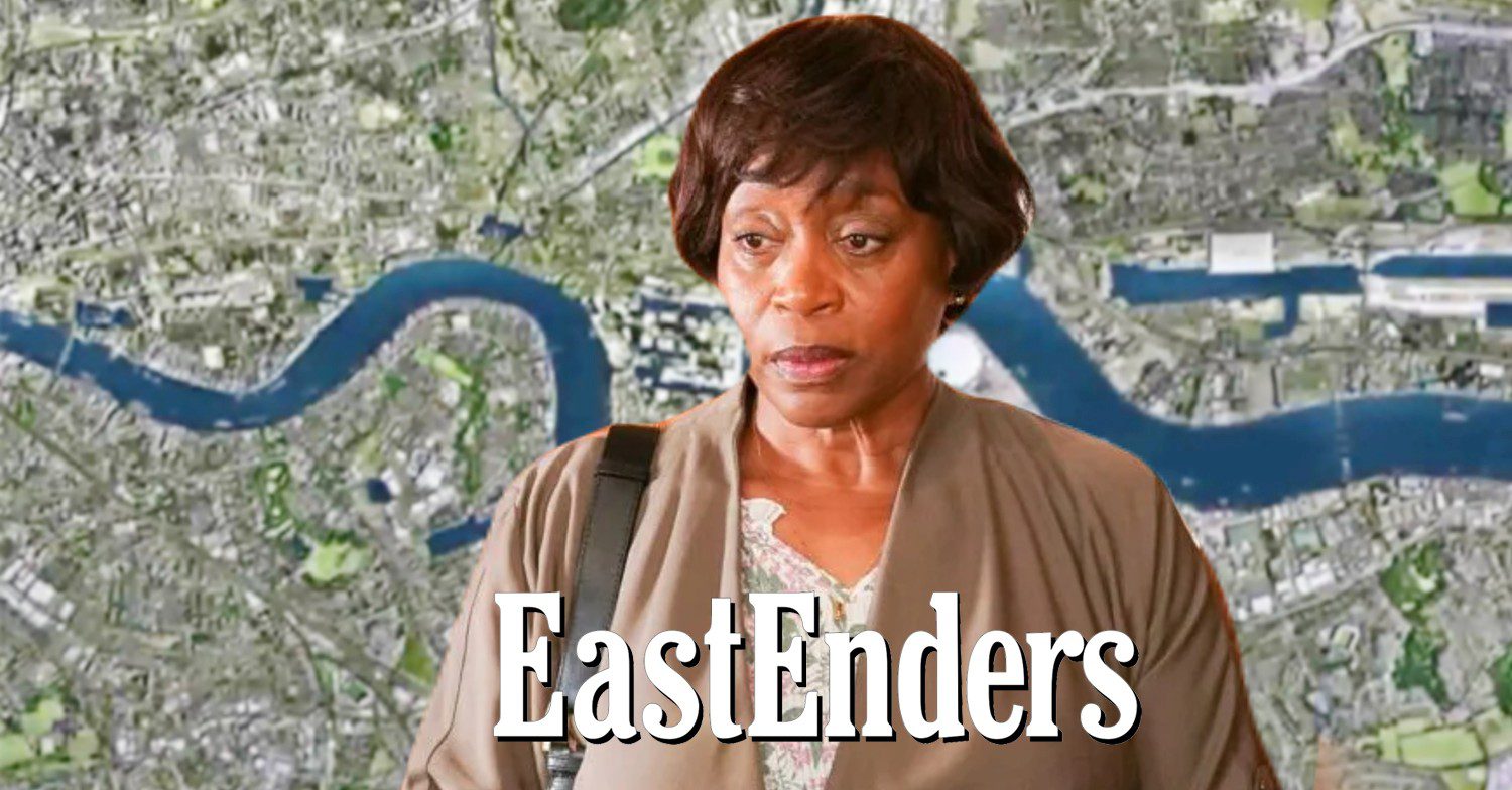Yolande on EastEnders against soap background and logo (Credit: BBC/Composite: ED!)