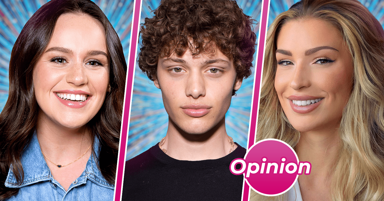 Ellie Leach, Bobby Brazier and Zara McDermott against the Strictly background