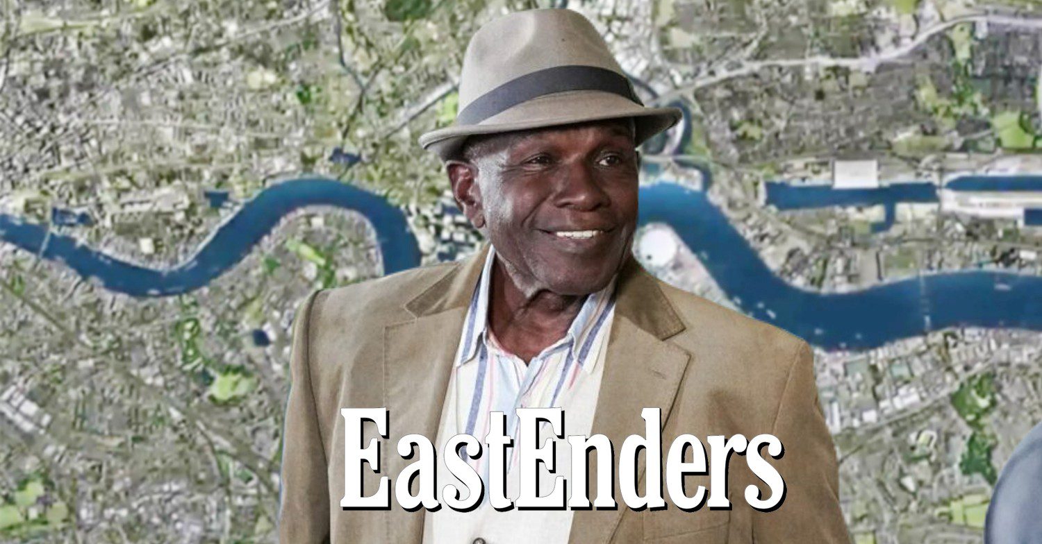 Patrick smiling on EastEnders against soap logo and Walford background (Credit: BBC/Composite: ED!)