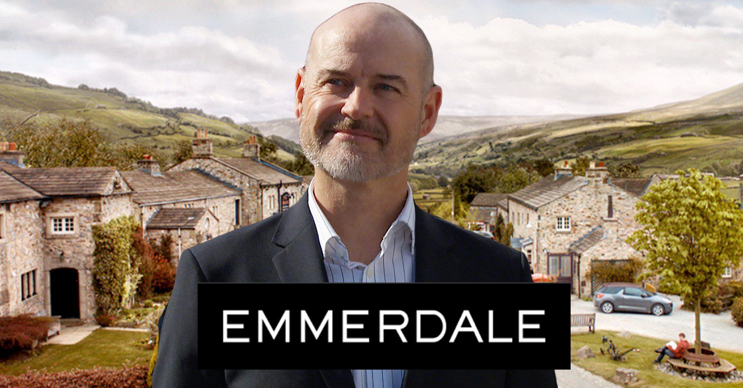 Dodgy Harry on Emmerdale against soap logo and background (Credit: ITV/Composite: ED!)