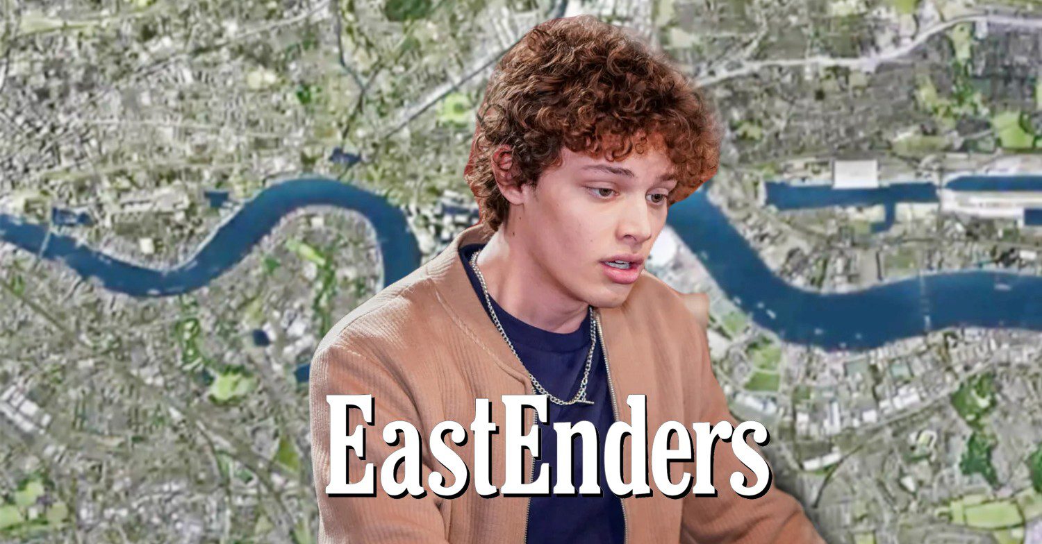 Freddie Slater looking upset; inset, EastEnders logo and background (Credit: BBC/Composite: ED!)