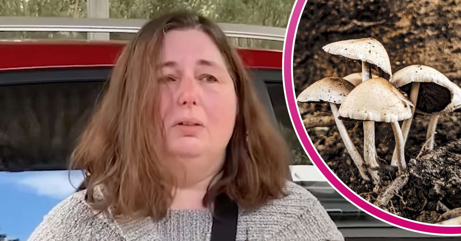 Erin Patterson looking sad and mushrooms inset