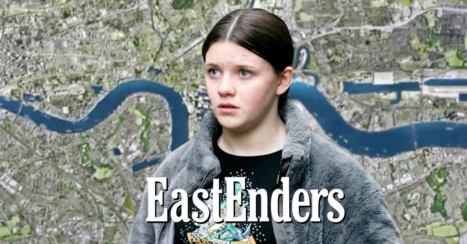 Lily Slater looking worried on EastEnders against Walford background and logo (Credit: BBC/Composite: ED!)