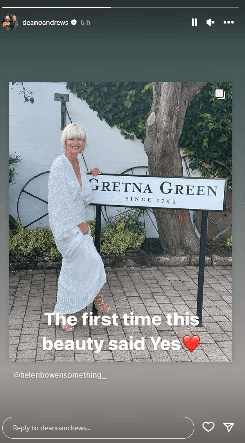 Dean Andrews' Instagram Story post showing his new wife with a Gretna Green sign